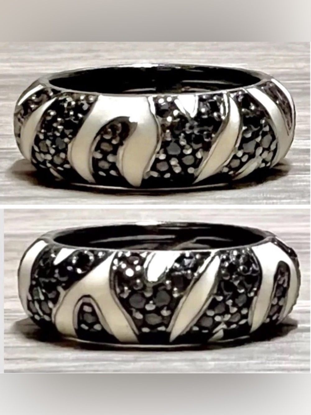 Designer Hidalgo Sterling Silver & White Enamel Black Pave CZ Band Ring, Size 5